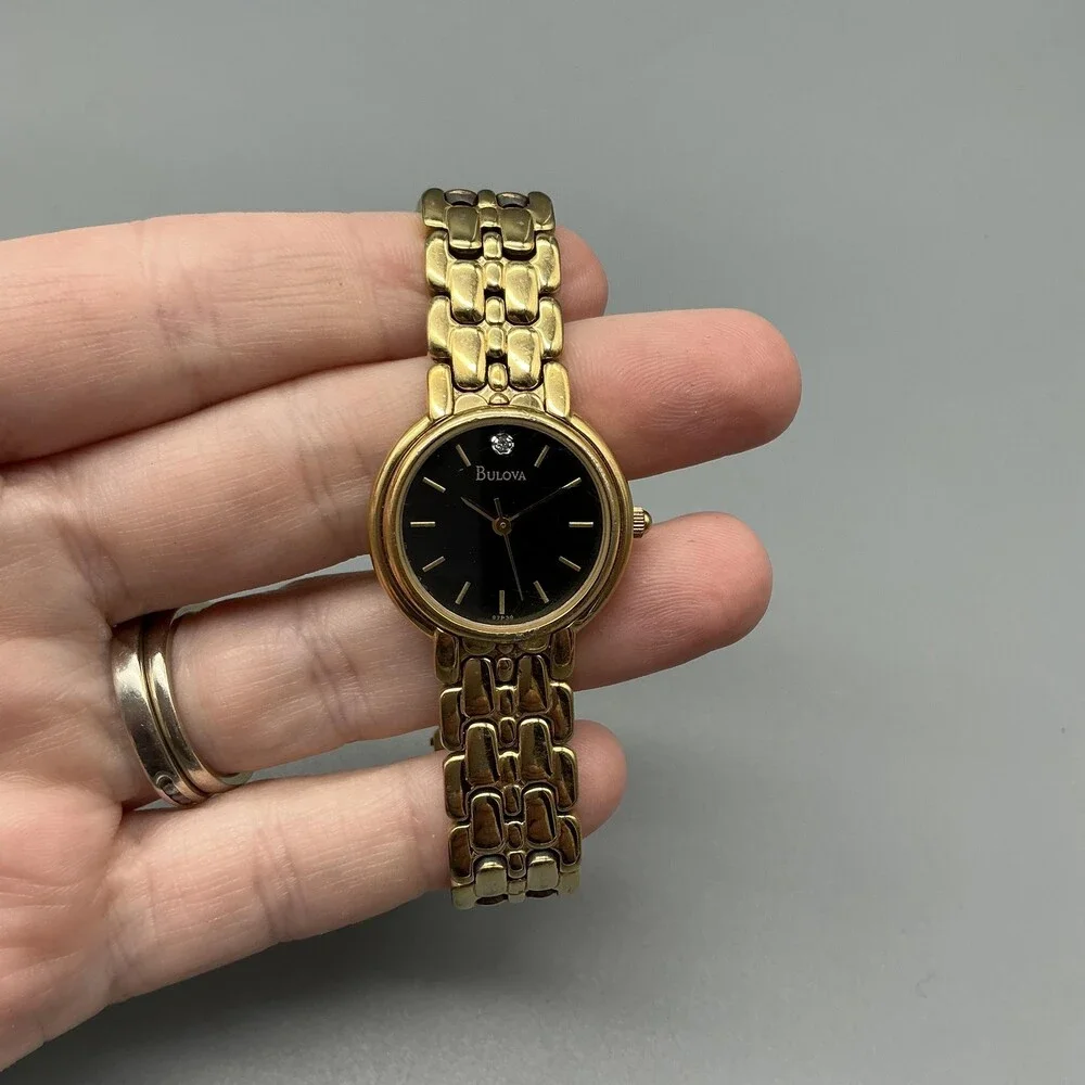 Bulova Womens Watch 24mm Black Dial Gold Tone Bracelet Diamond New Battery 6.75